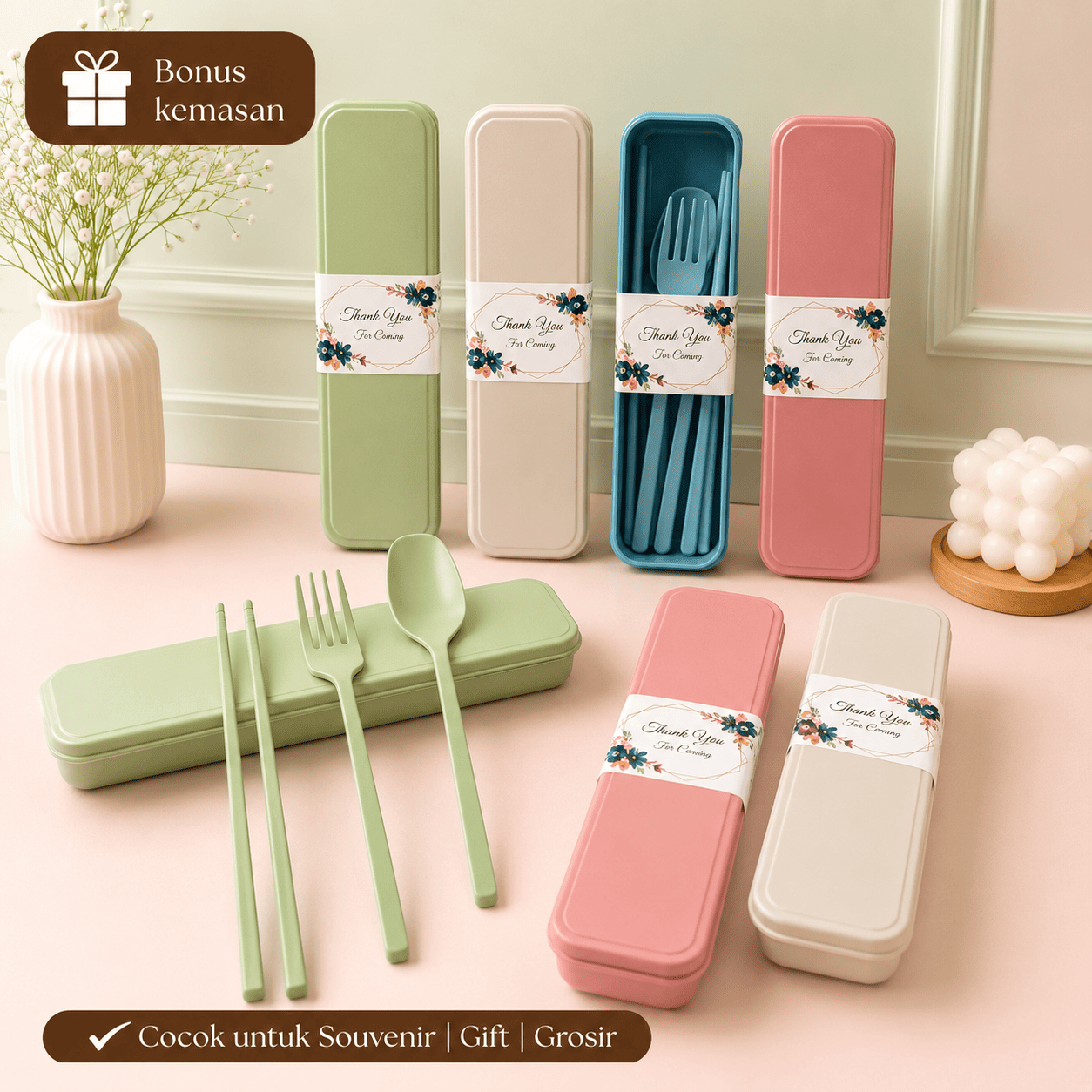 Souvenir Sendok Garpu Sumpit Set - Kemasan Box Pensil